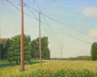 Six Acre Parcel Looking East Late Afternoon With Telephone Poles, oil on linen, 16 x 20 by John Beerman at Craven Allen Gallery