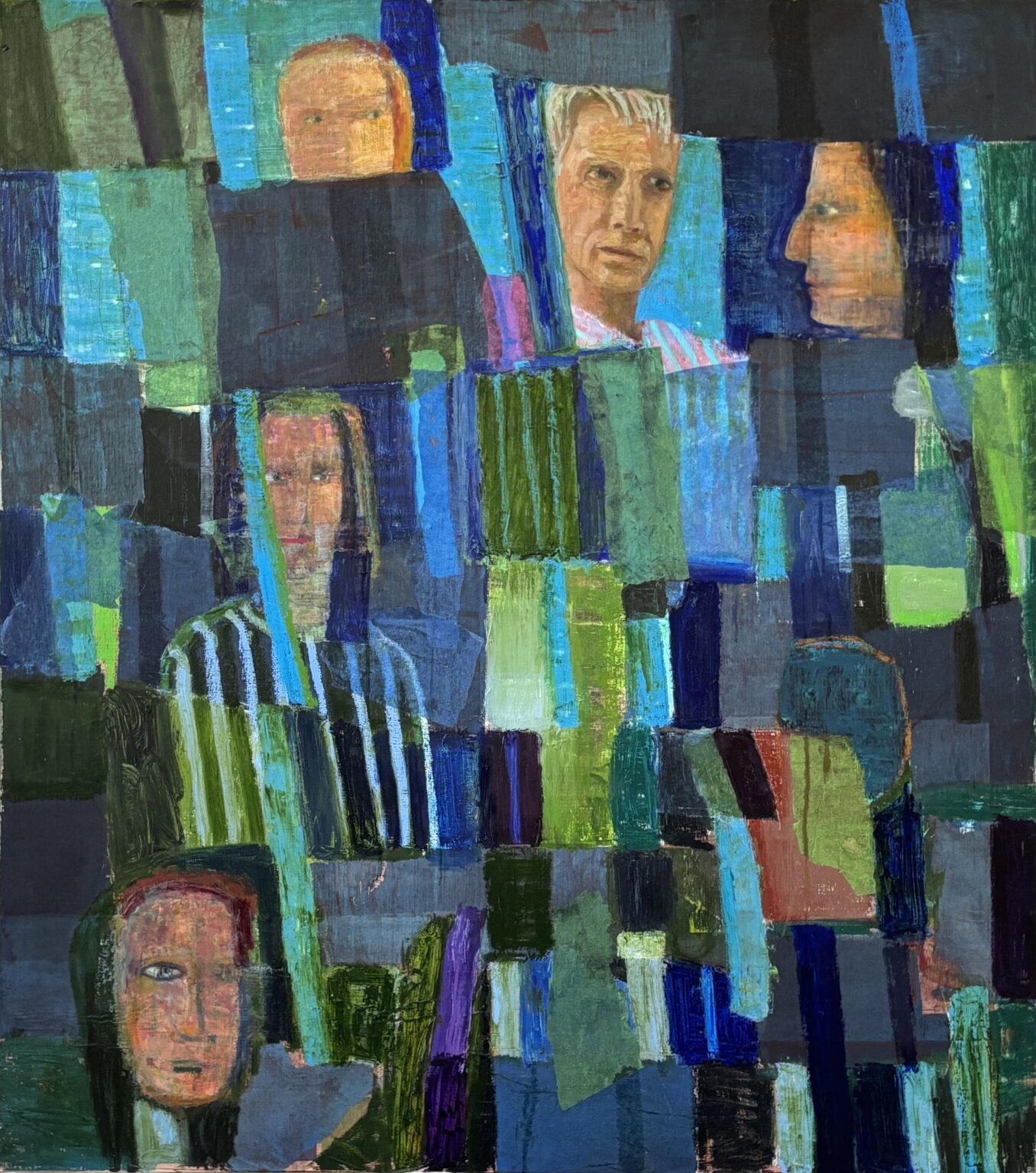 Blue Painting with Faces by John Beerman, mixed media on linen, 52×46, SOLD