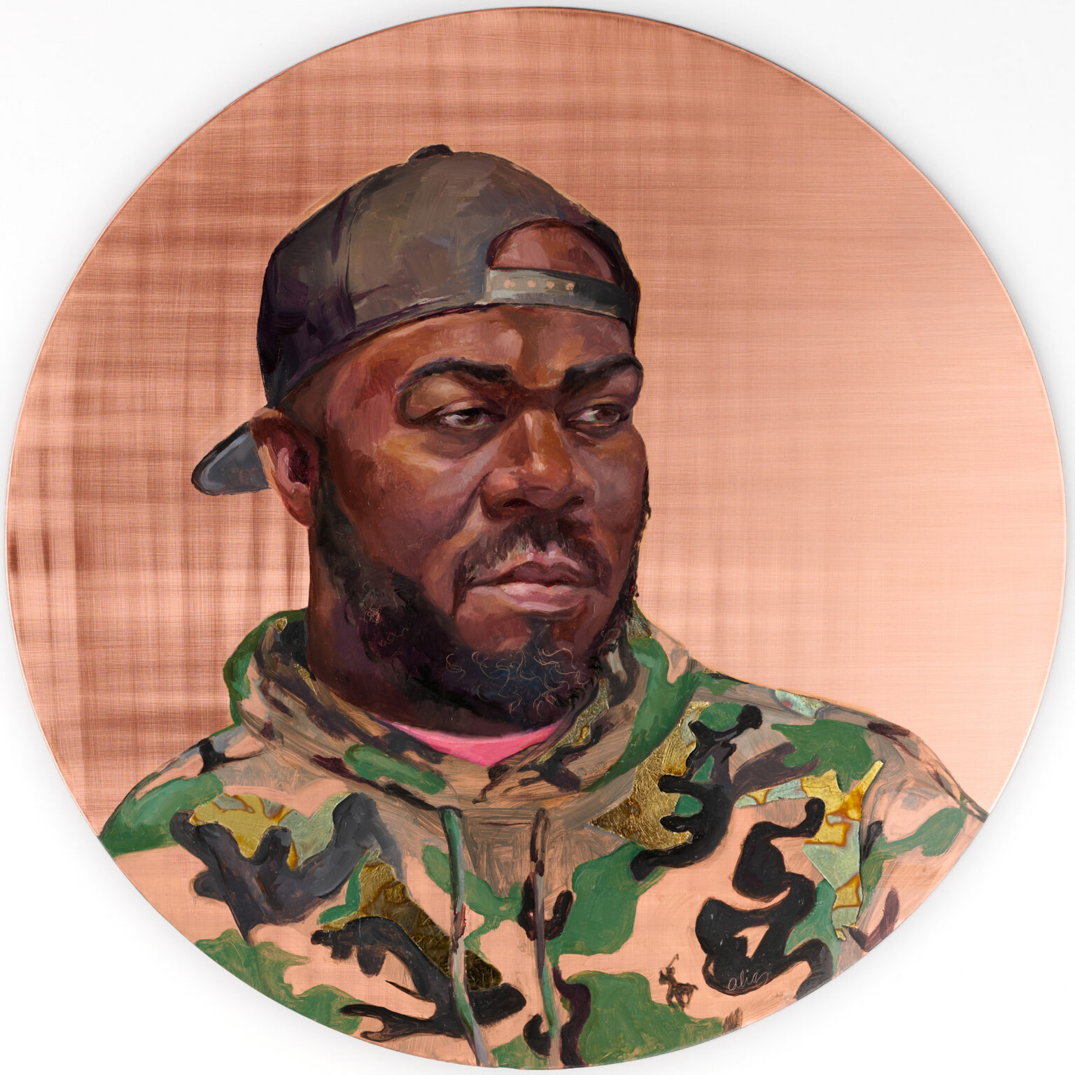 Clarence by Alia El Bermani, oil and variegated gold leaf on copper, 20 x 20, 8,000