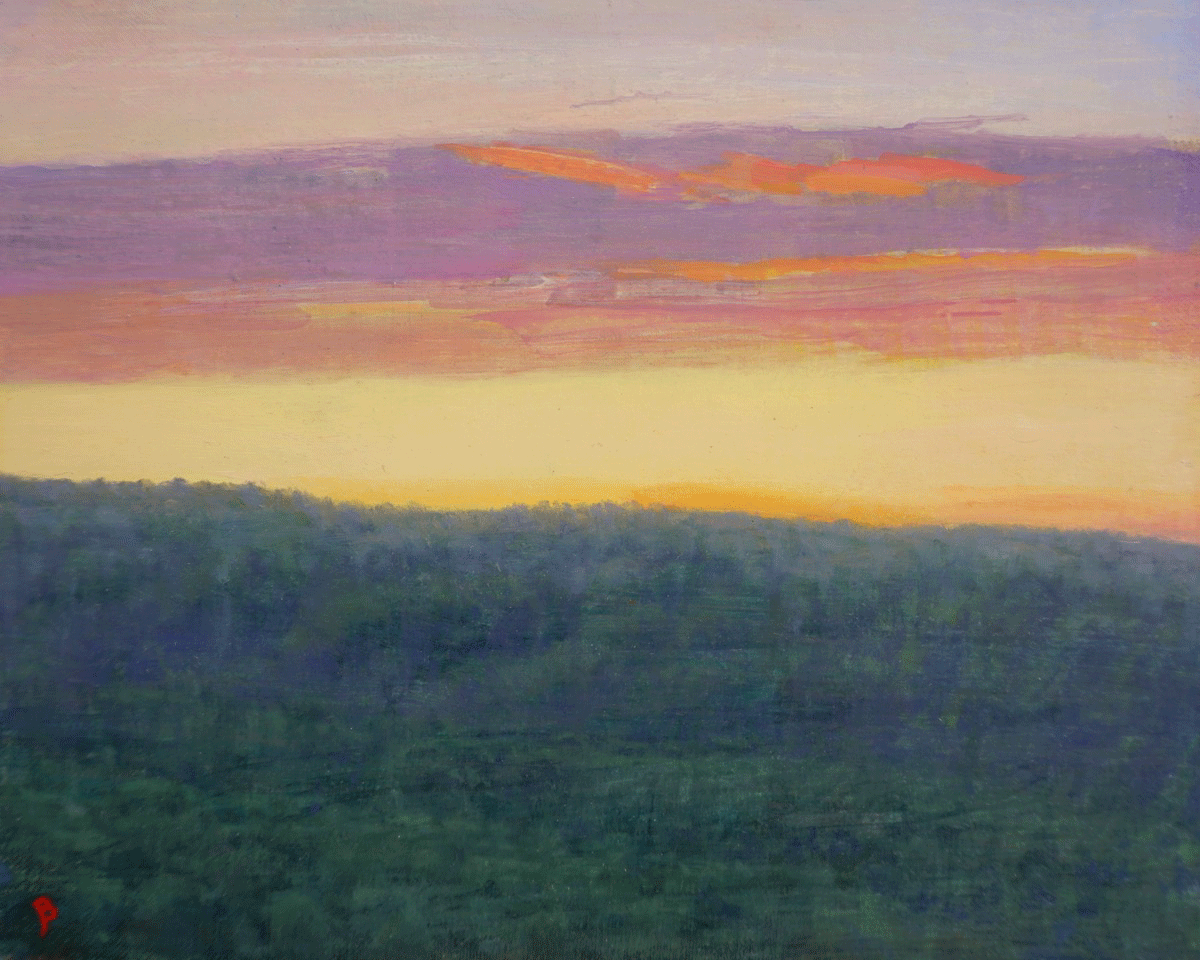 Violet Cloud, Spring Mountain, Dawn, Egg tempera and oil on linen, 8 x 10 by John Beerman at Craven Allen Gallery