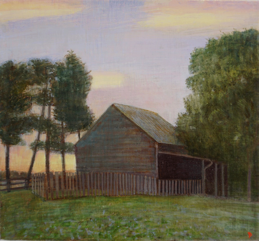 Spring Dawn, Barn and Field, Egg tempera and oil on linen, 11 x 12, by John Beerman at Craven Allen Gallery