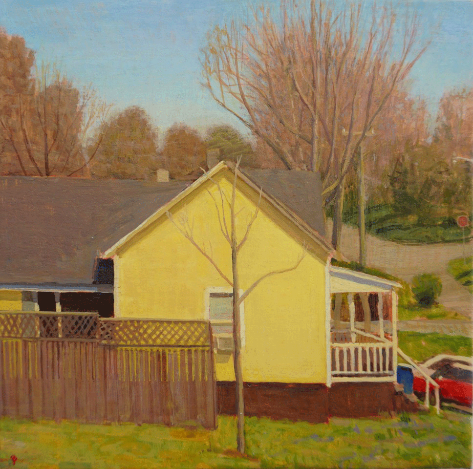 Yellow House Oil and watercolor on linen, 10 x 10 by John Beerman at Craven Allen Gallery