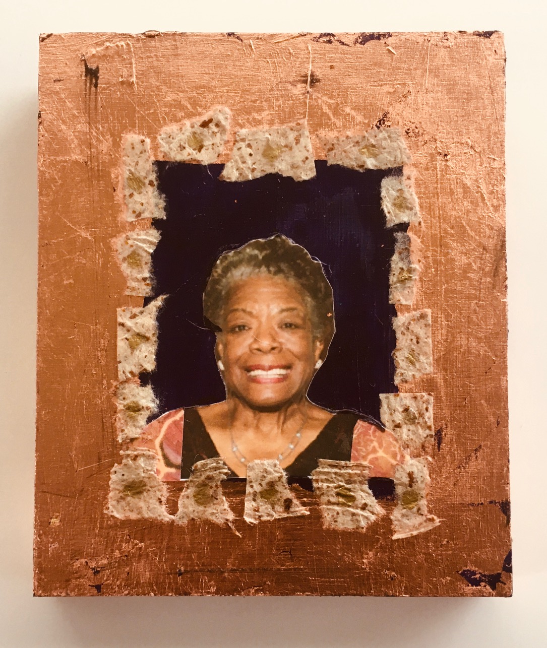 Dr. Maya Angelou by Madelyn Smoak, collage on wood, 6 x 5 at Craven Allen Gallery