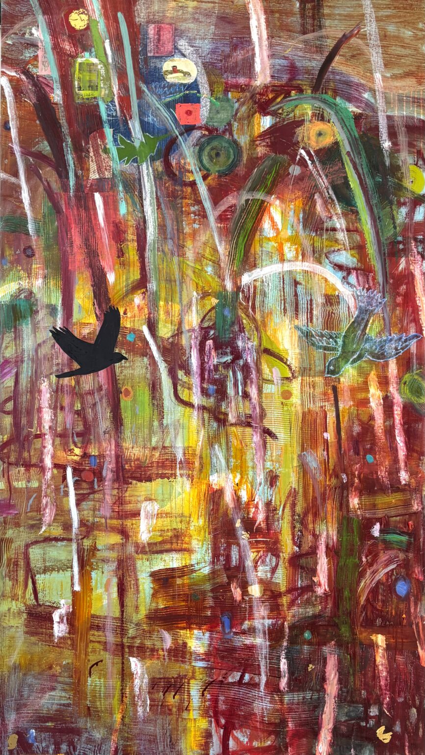 Fireworks and Dove by John Beerman, mixed media on linen, 78 x 44, $44,000