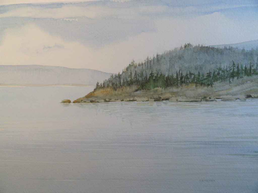 Fog Lifting by Sue Sneddon, watercolor, 7 x 10 framed size 14.5 x 17.5 at Craven Allen Gallery  650