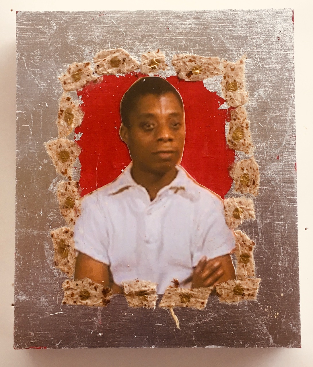 James Baldwin by Madelyn Smoak, collage on wood. 6 x 5 at Craven Allen Gallery