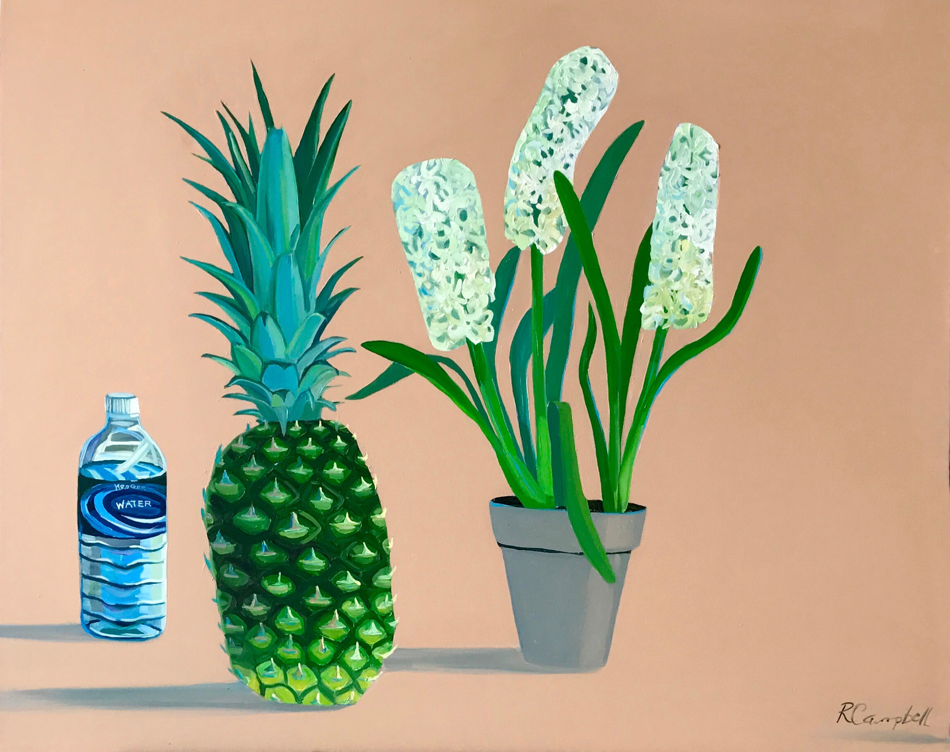 Love in the Form of Hiacynths and Pineapple with Water,  oil on canvas, 24×30 by Rachel Campbell at Craven Allen Gallery
