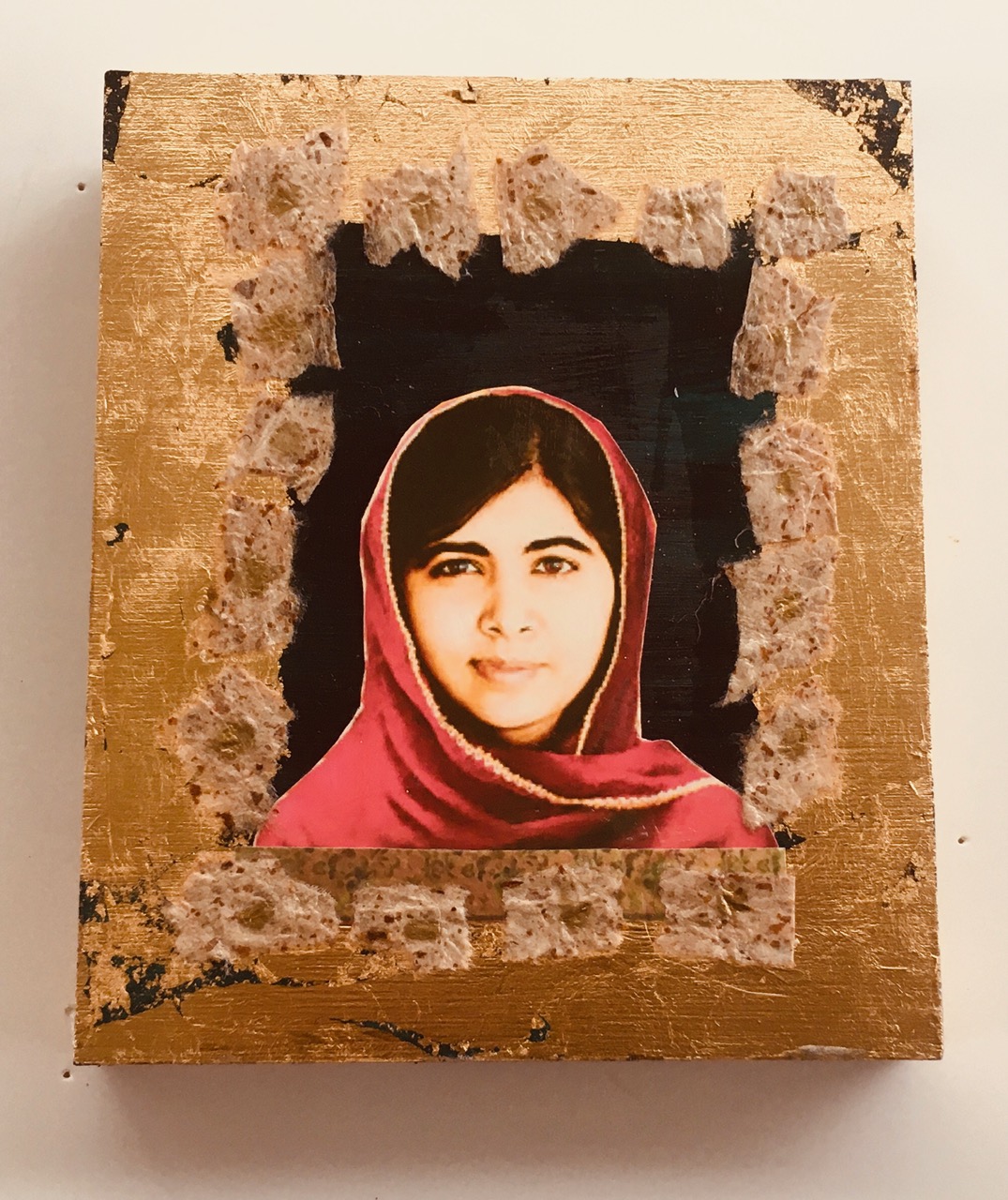 Malala by Madelyn Smoak, collage on wood. 6 x 5 at Craven Allen Gallery