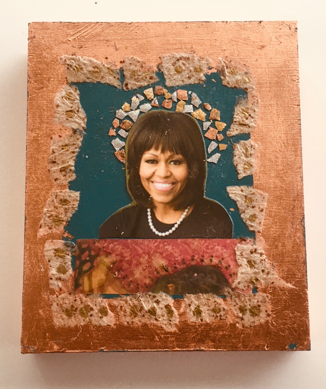Michelle Obama by Madelyn Smoak, collage on wood 6 x 5 at Craven Allen Gallery
