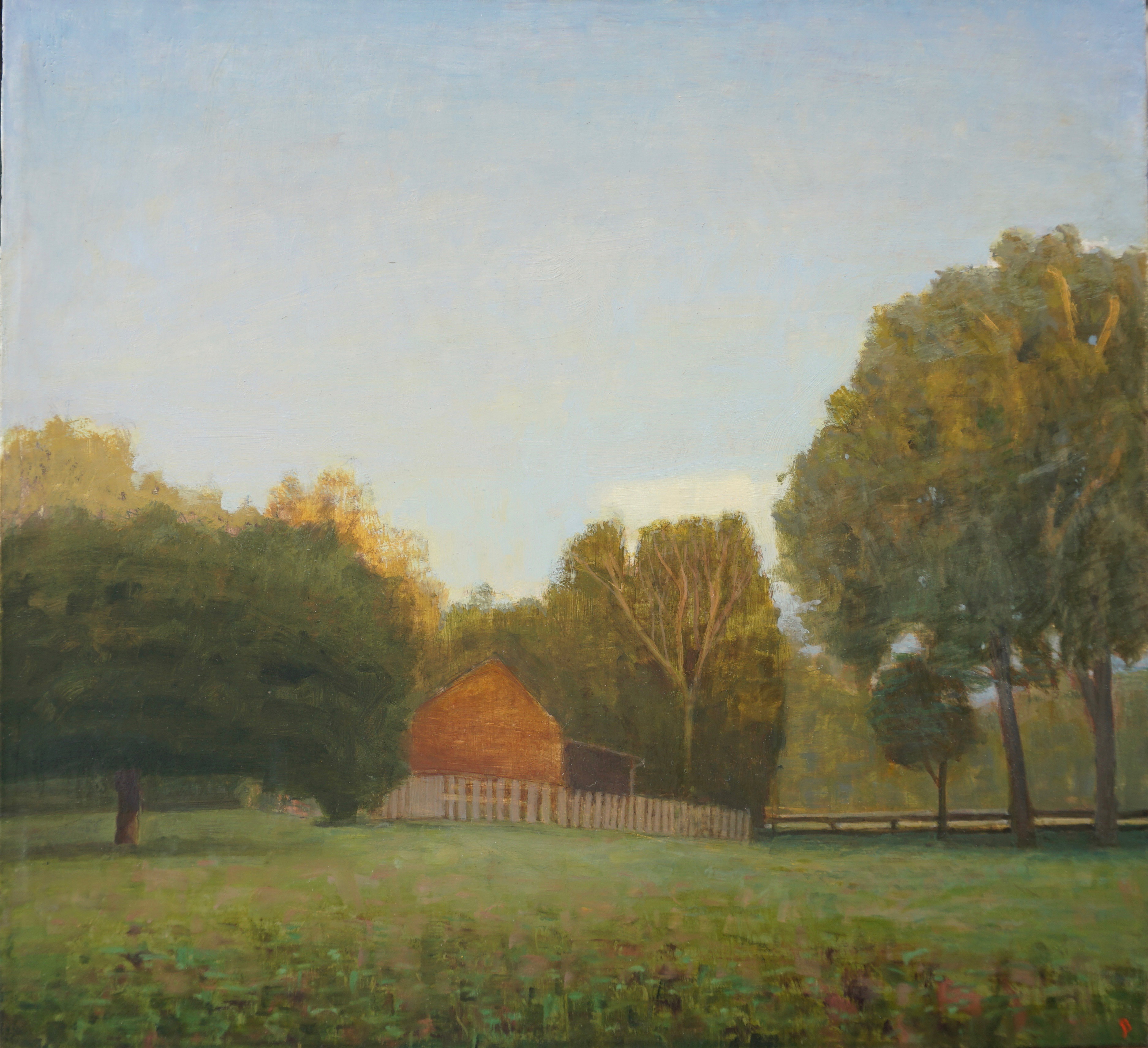 October Dusk, Barn and Field, Egg Tempera and oil on linen, 13 x 14 by John Beerman at Craven Allen Gallery