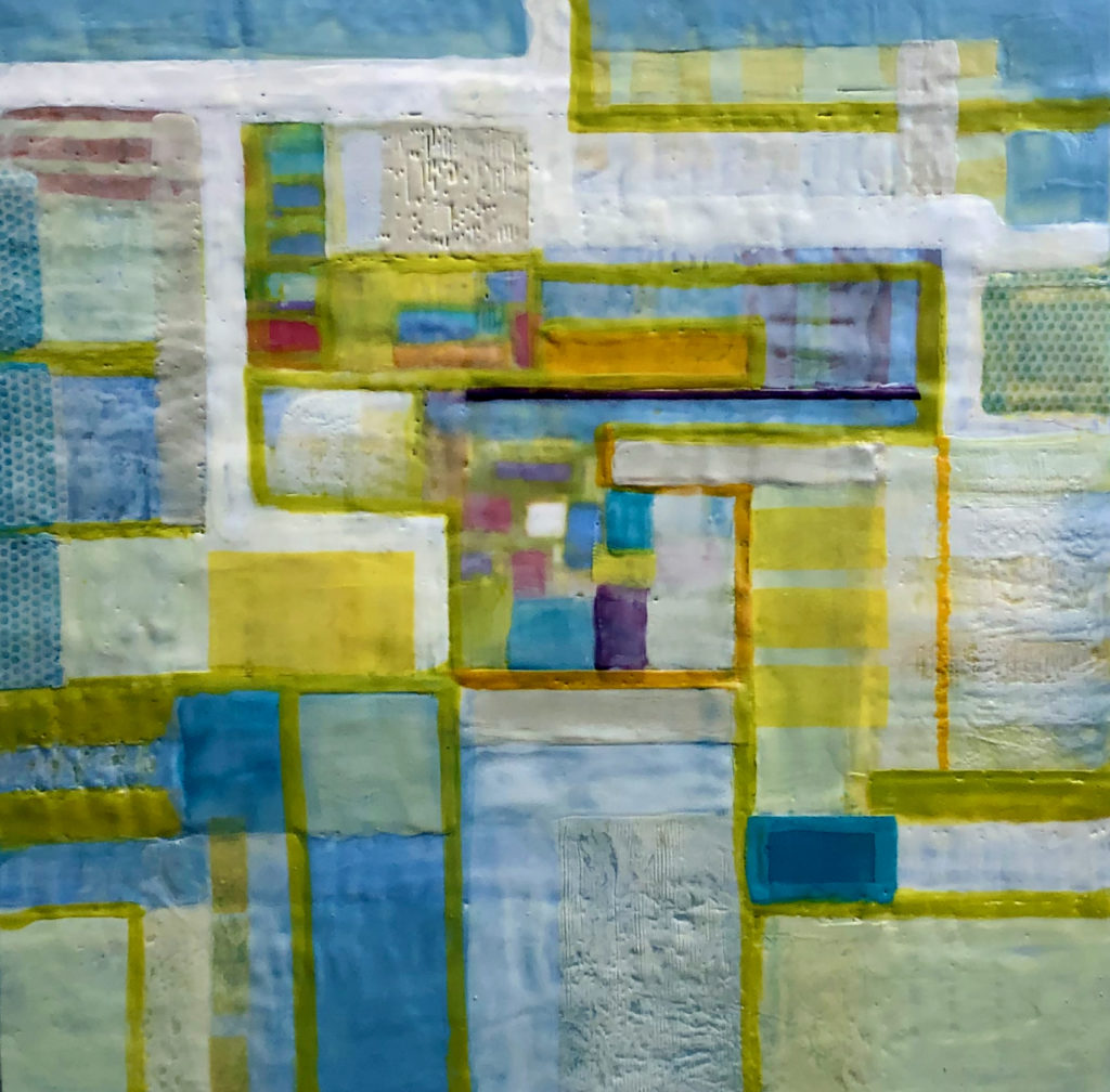 Lost and Found by Peg Bachenheimer, encaustic and paper, 36×36 at Craven Allen Gallery