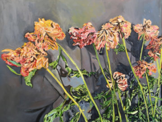 Peonies on the Wall by Beverly McIver, oil on canvas, 36 x 48 at Craven Allen Gallery