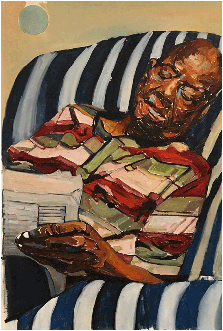 Dad Reading the Obituaries, Oil on Canvas, 31”x45   by Beverly McIver at Craven Allen Gallery
