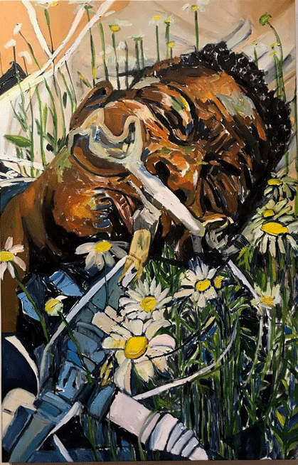 Sharon Pushing Up Daisies, Oil on Canvas,  31”x47 by Beverly McIver at Craven Allen Gallery