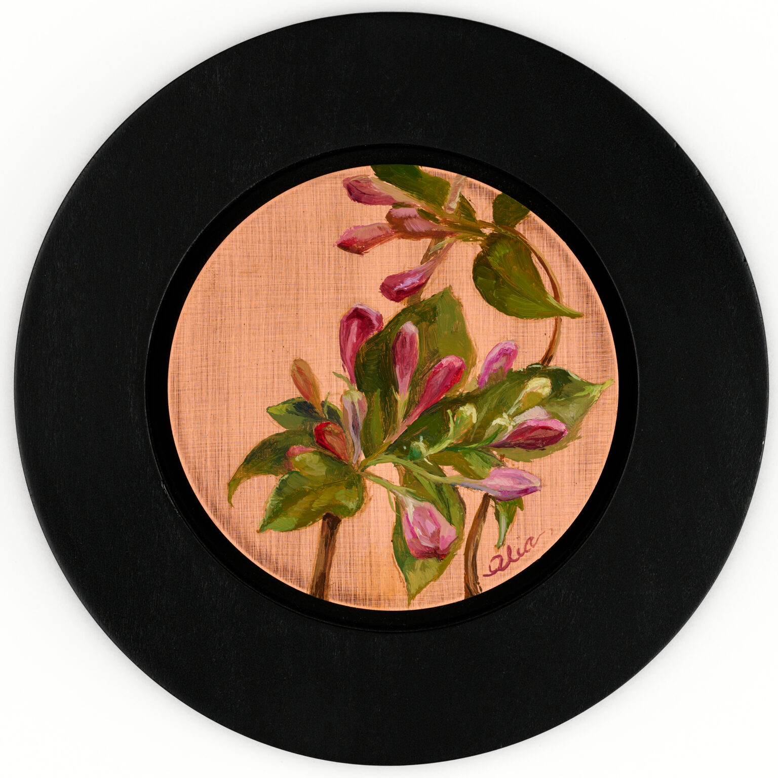 Weigela by Alia El-Bermani, oil on copper, 4 x 4, 1,000