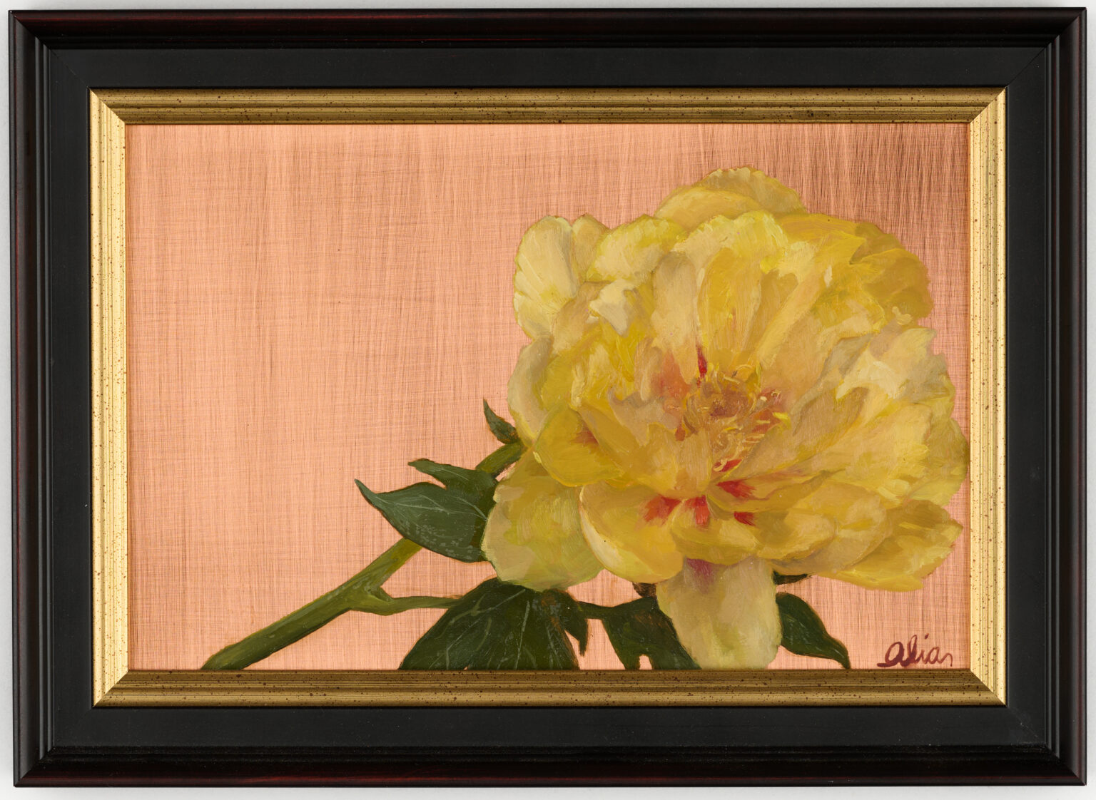 Yellow Tree Peony by Alia El-Bermani, oil on copper, 6 x 9, 1,200