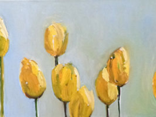 Yellow Tulips by Beverly McIver, oil on canvas, 12 x 36 at Craven Allen Gallery