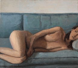 TR on Blue Couch, egg tempera and oil on linen, 14 x 16by John Beerman at Craven Allen Gallery